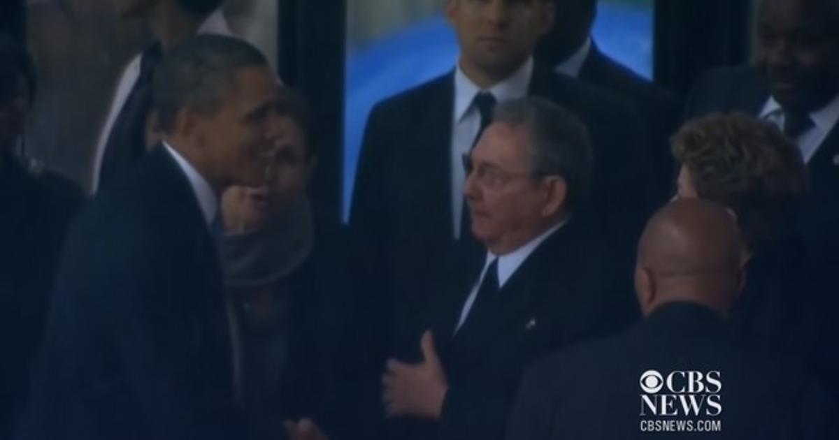 Pres. Obama greets Cuban leader at Mandela memorial