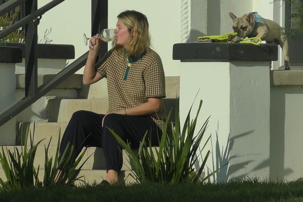 Mischa Barton enjoys glass of wine in the sun on relaxing day out with her dog