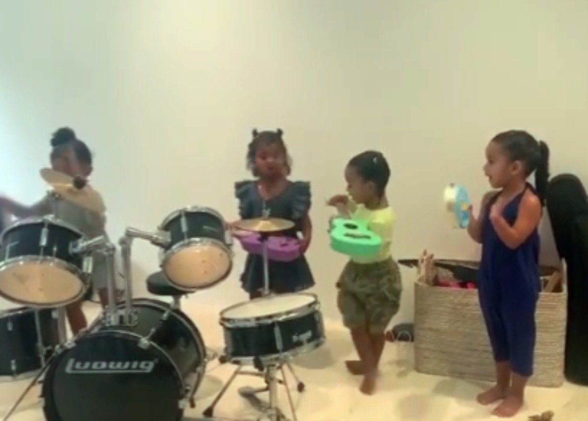 Stormi Webster Is A Natural Drummer As She And Dream Kardashian, Chicago West, And True Thompson Play In A Band And Sing