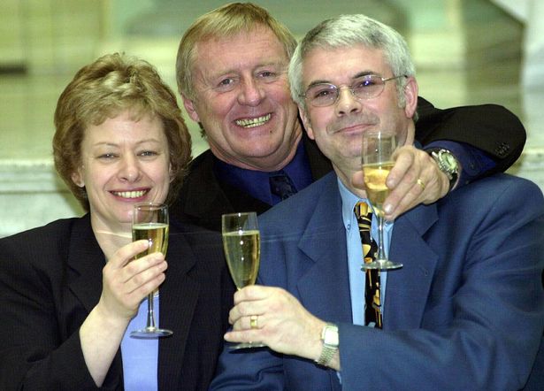 David Edwards shares a glass of champagne with wife Vivian and Who Wants To Be A Millionaire host Chris Tarrant