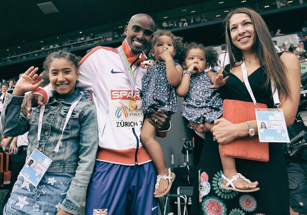 Mo Farah and wife Tania with their twin daughters Aisha and Amani and daughter Rihanna