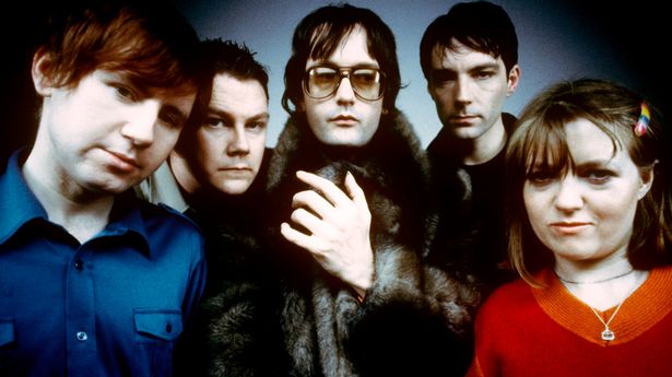 Pulp, group portrait, London , United Kingdom, 1998. L-R: Mark Webber, Nick Banks, Jarvis Cocker, Steve Mackey, Candida Doyle.